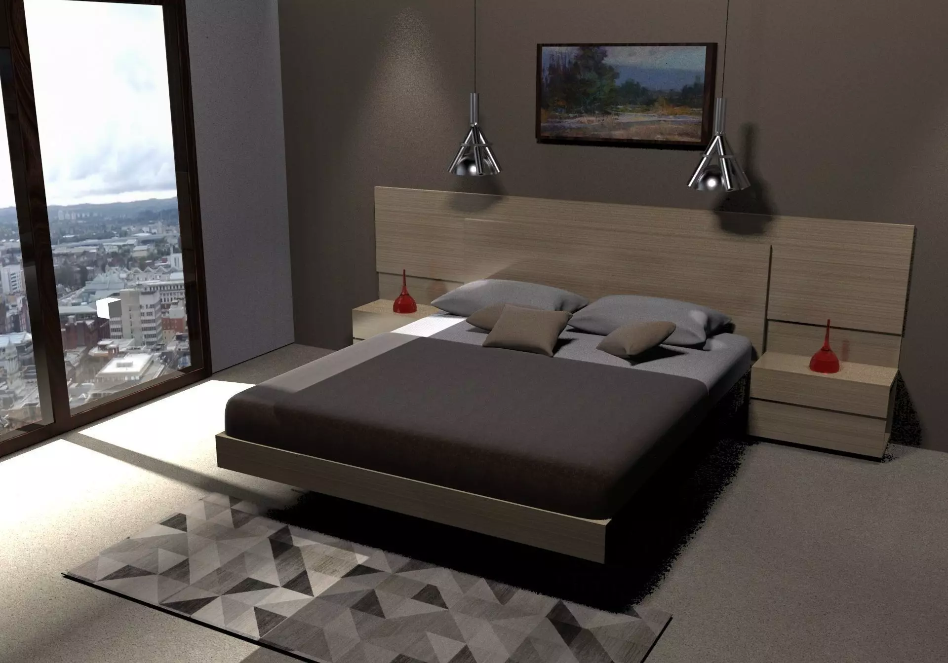 bedroom with bed and city 3D model_0