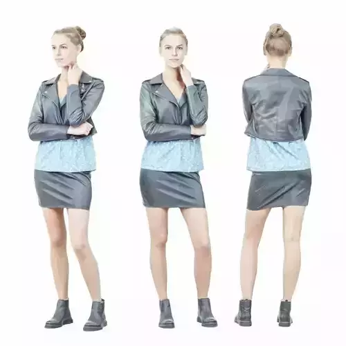 Girl in Blue Shirt and Leather Outfit Thinking Low-poly 3D model