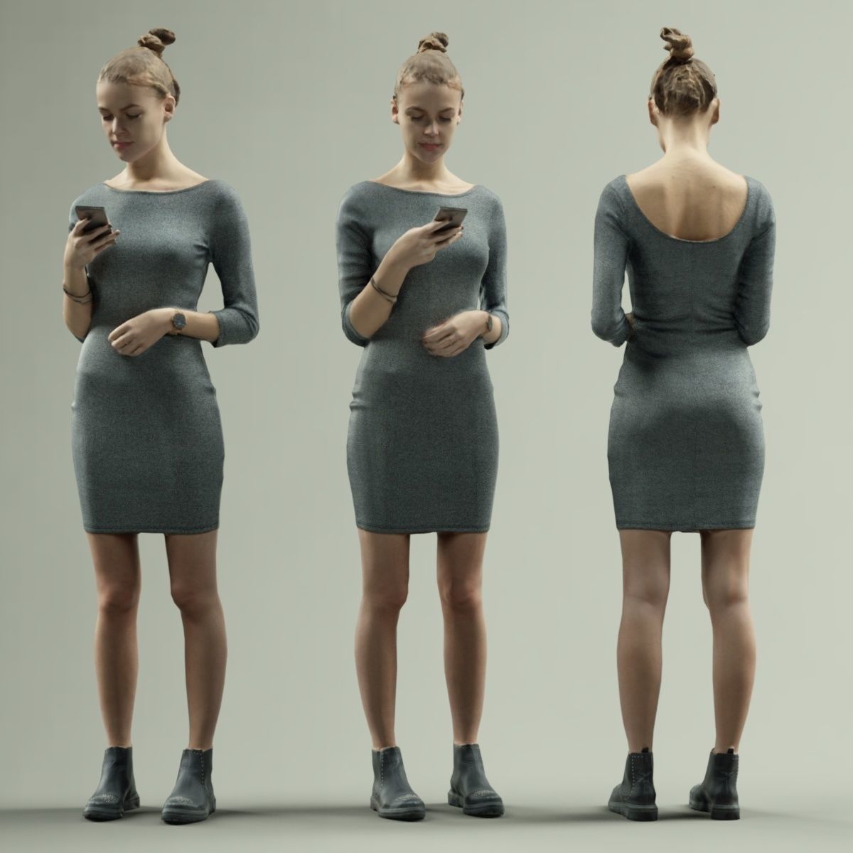 Girl in Grey Dress Texting Low-poly 3D model_7