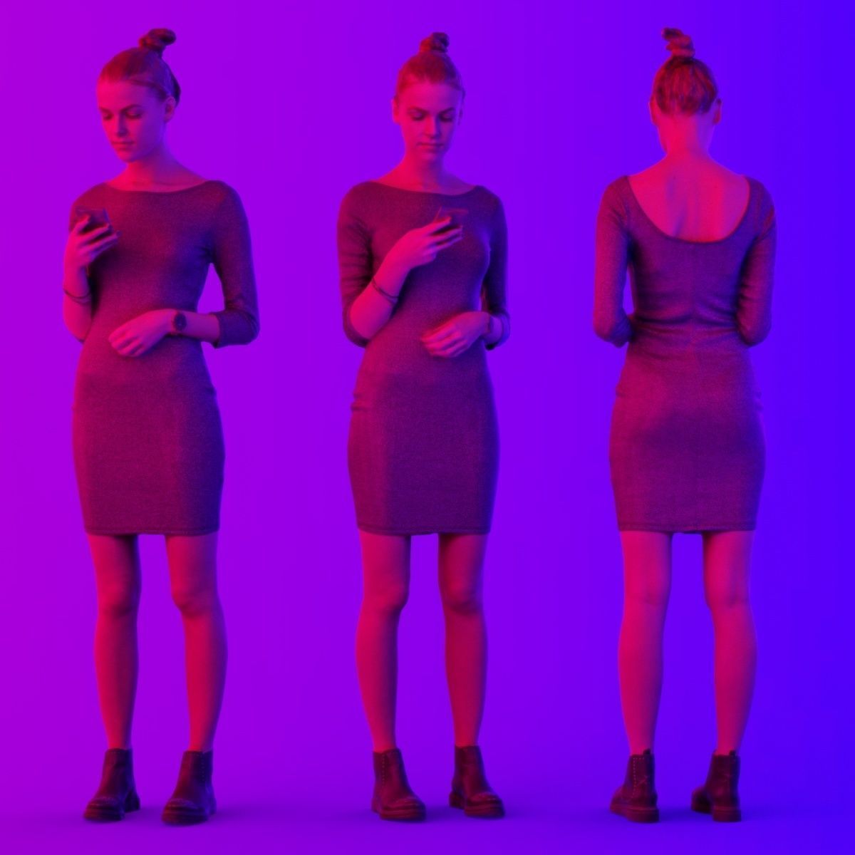 Girl in Grey Dress Texting Low-poly 3D model_6