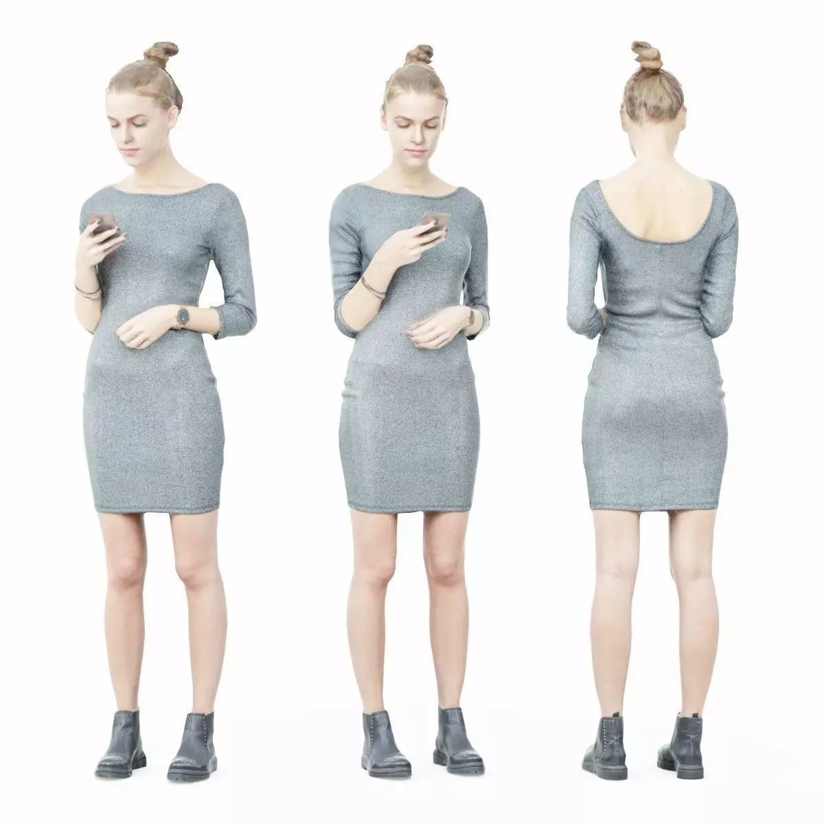 Girl in Grey Dress Texting Low-poly 3D model_0