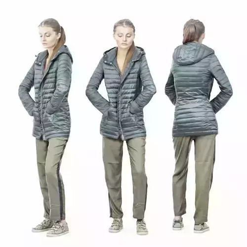 Girl in Long Shiny Coat and Green Pants