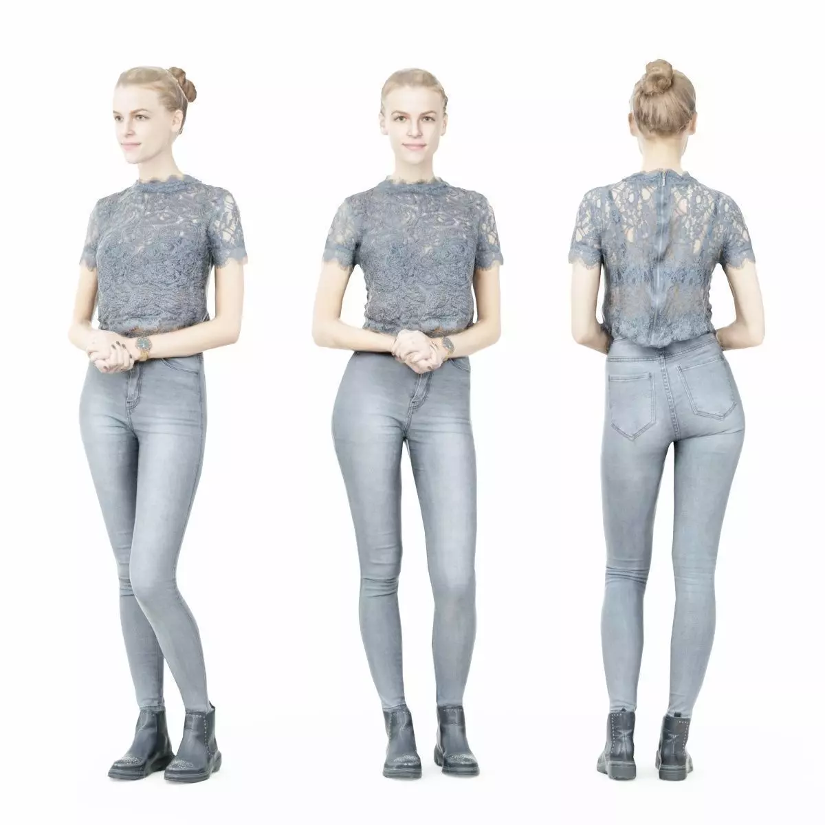 Grey Outfit Girl Casual Pose Low-poly 3D model_0