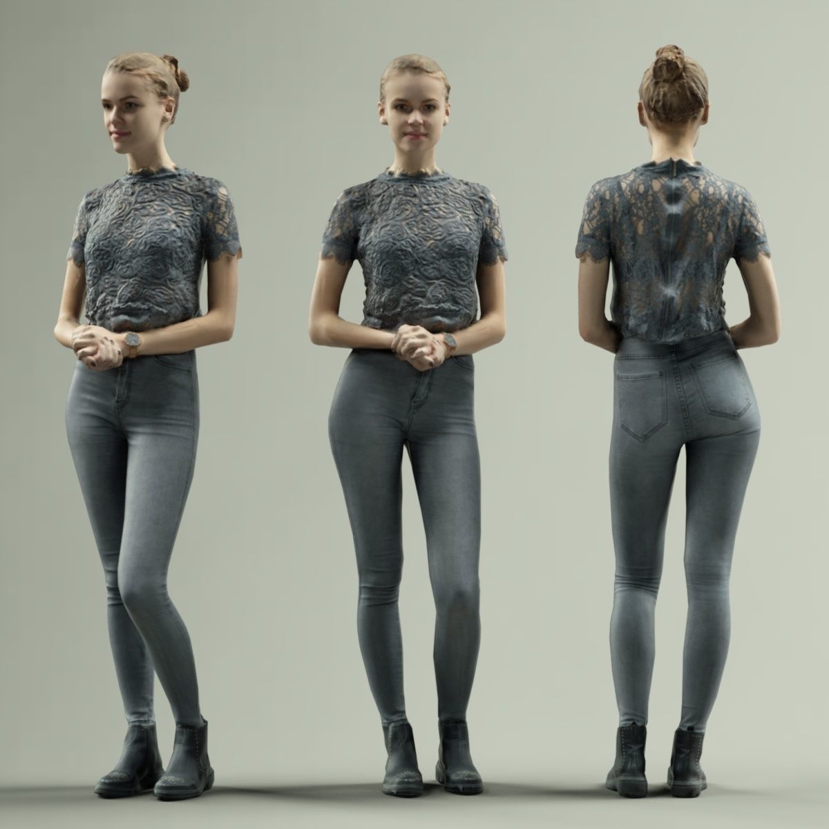 Grey Outfit Girl Casual Pose Low-poly 3D model_6
