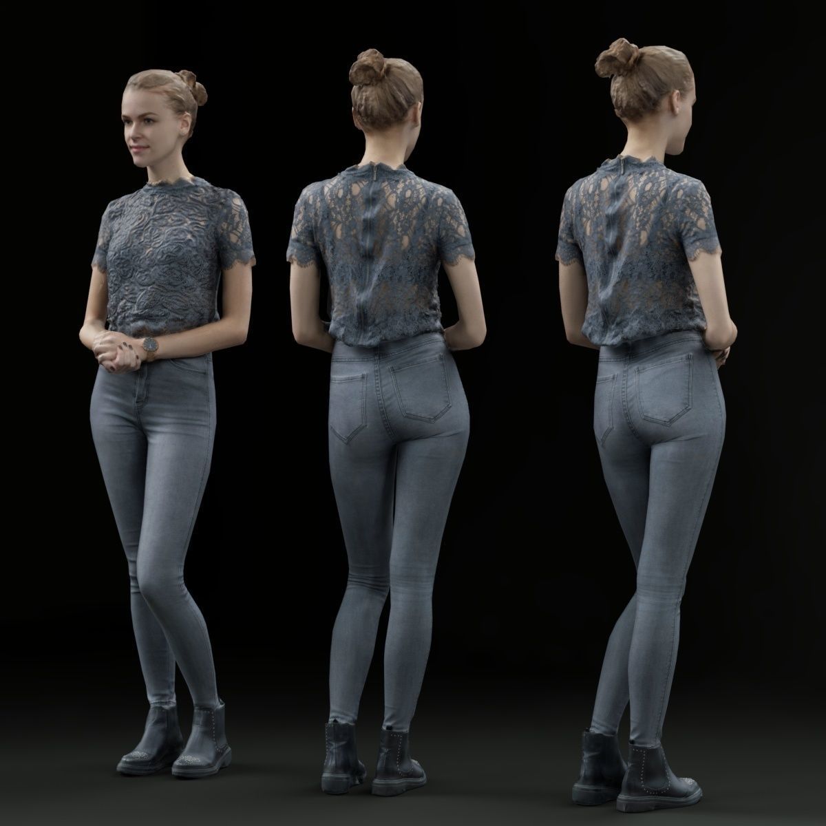 Grey Outfit Girl Casual Pose Low-poly 3D model_2