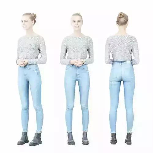 Jeans Girl in Fluffy White Top Folding Hands Low-poly 3D model