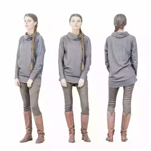 Long Braid Girl in Leather Boots Posing