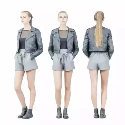 Ponytail Girl In Black Leather jacket and Grey Short Low-poly 3D model