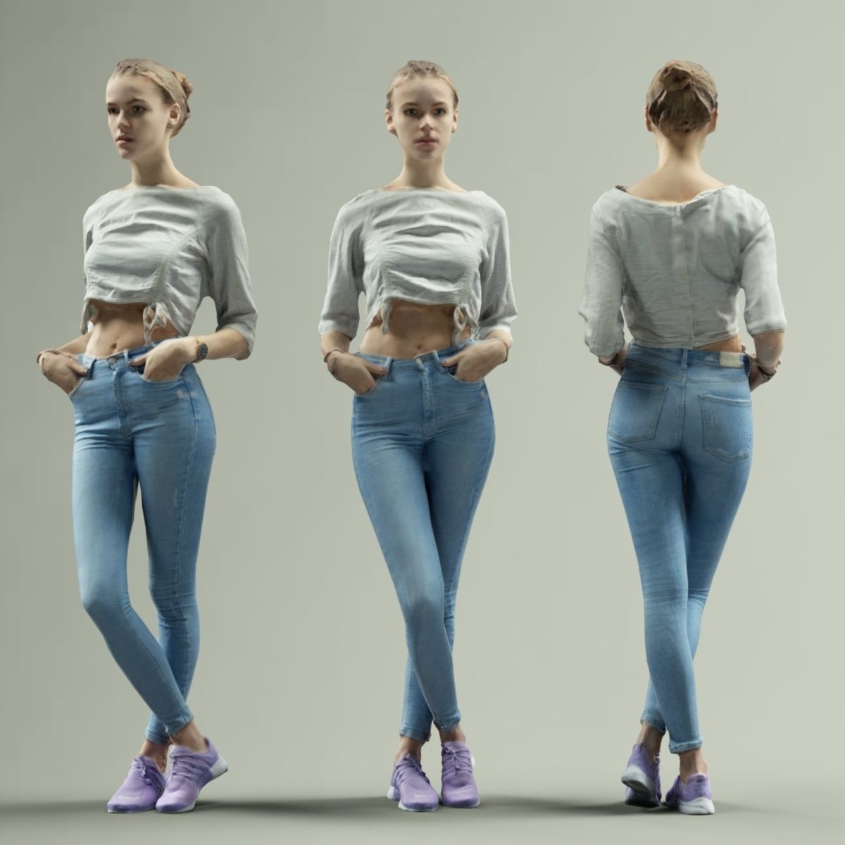 Sporty Girl in Jeans and Pink sneakers Crossing Legs Low-poly 3D model_3