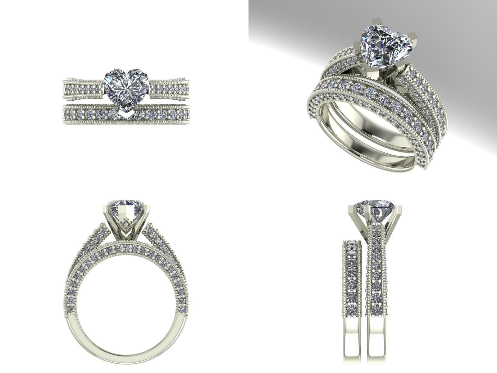 wedding set engagement ring with heart cut diamond 3D print model_1