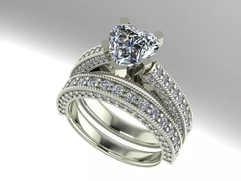 wedding set engagement ring with heart cut diamond 3D print model_0
