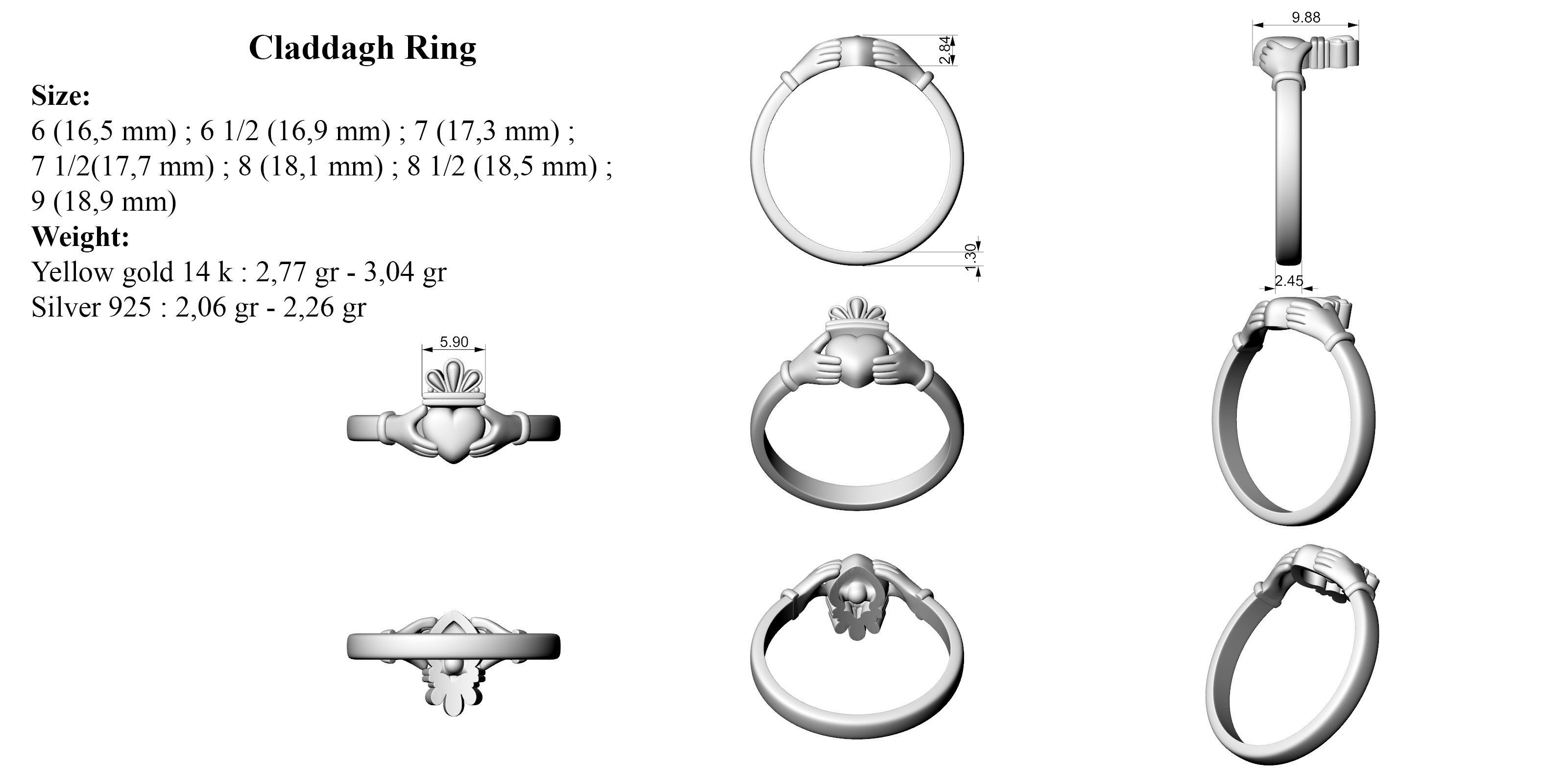 Claddagh ring 7 SIZES 3D print model_6