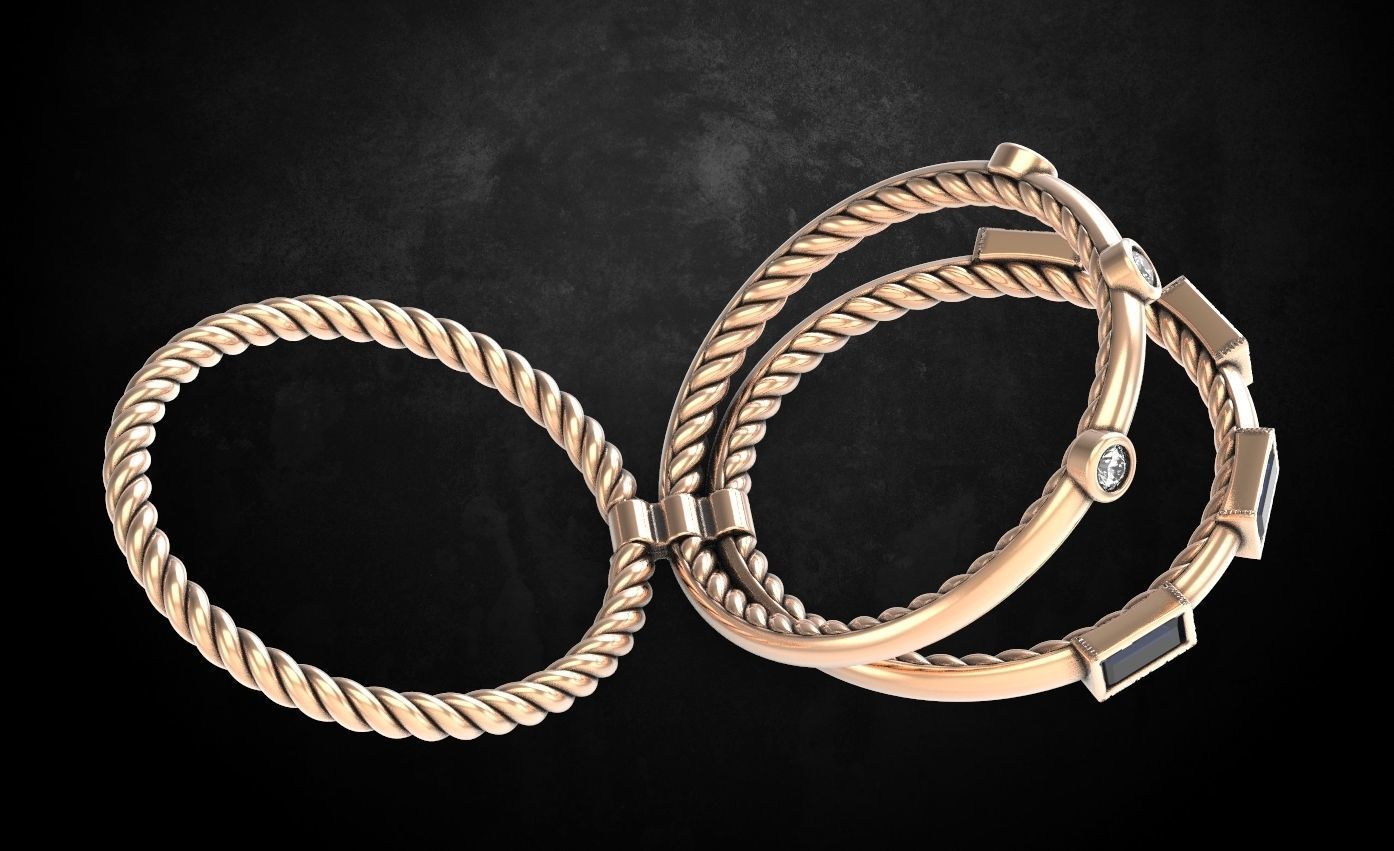 Ring with stones with three parts 3D print model_3