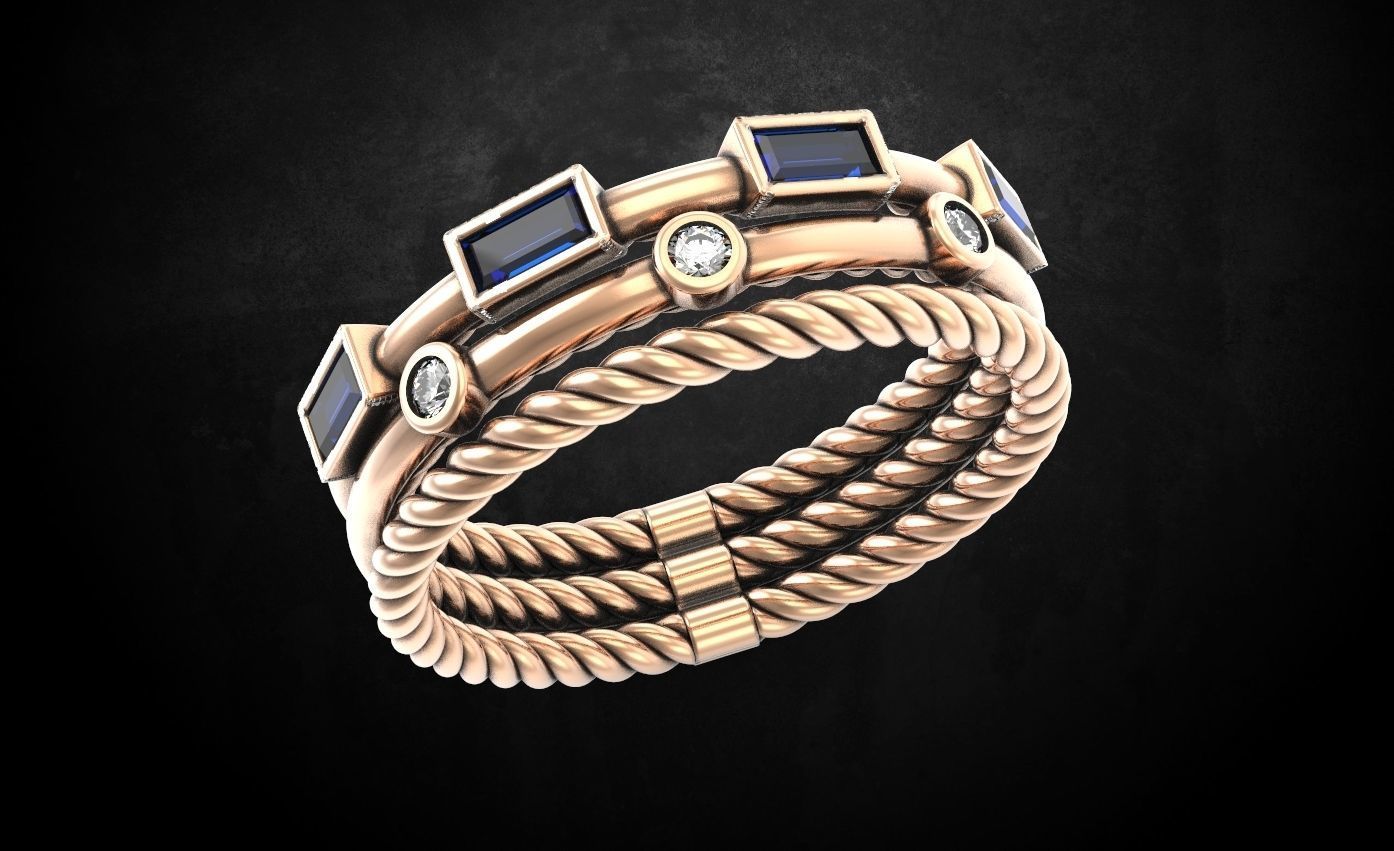 Ring with stones with three parts 3D print model_1