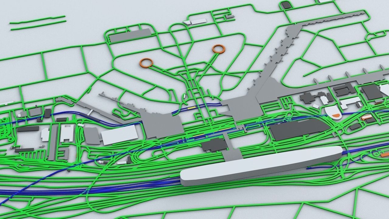 Frankfurt FRA Airport Roads Buildings and Public Transport Lines 3D model_5
