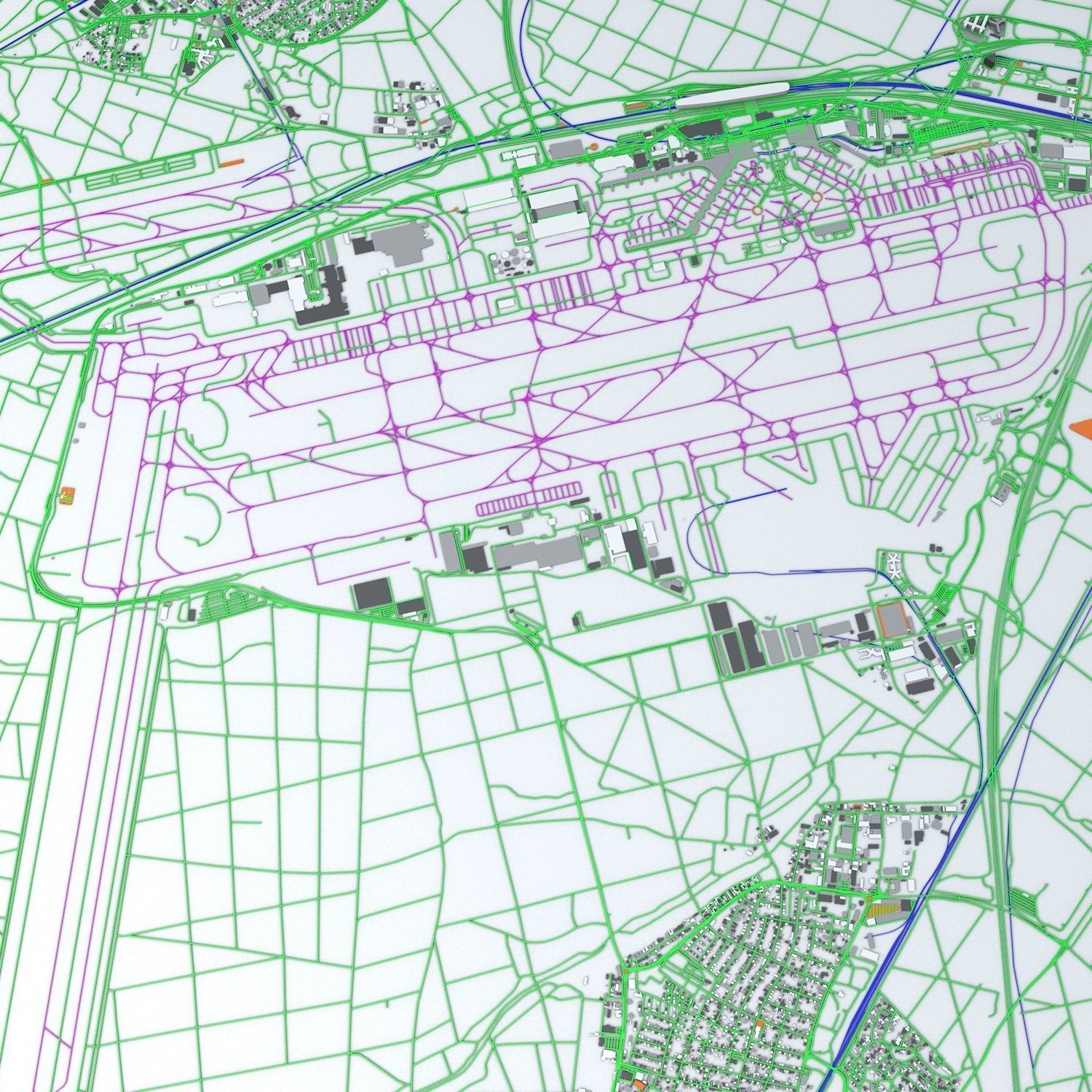 Frankfurt FRA Airport Roads Buildings and Public Transport Lines 3D model_4