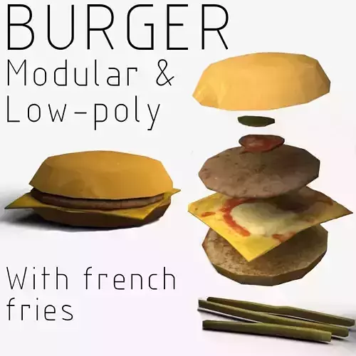 Modular Burger with French fries Low-poly 3D model