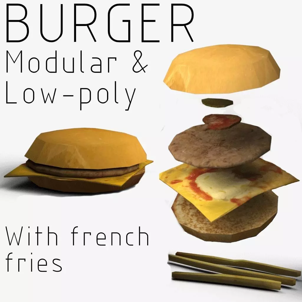 Modular Burger with French fries Low-poly 3D model_0