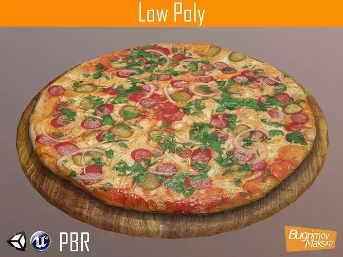 Pizza on wooden board Free low-poly 3D model