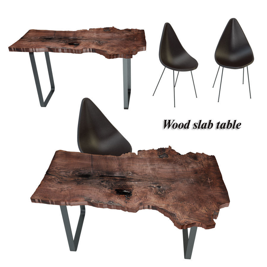 Wood slab table set 2 3D model_0