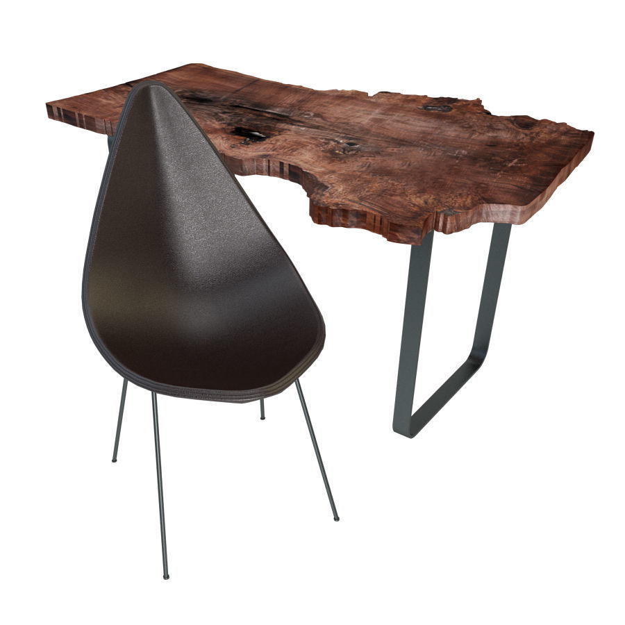 Wood slab table set 2 3D model_1