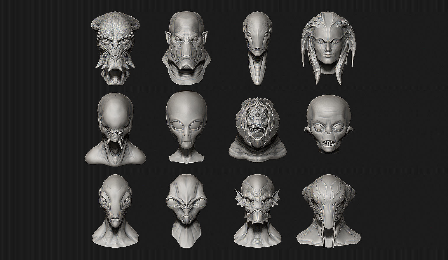 12 Aliens Heads 3D model_1