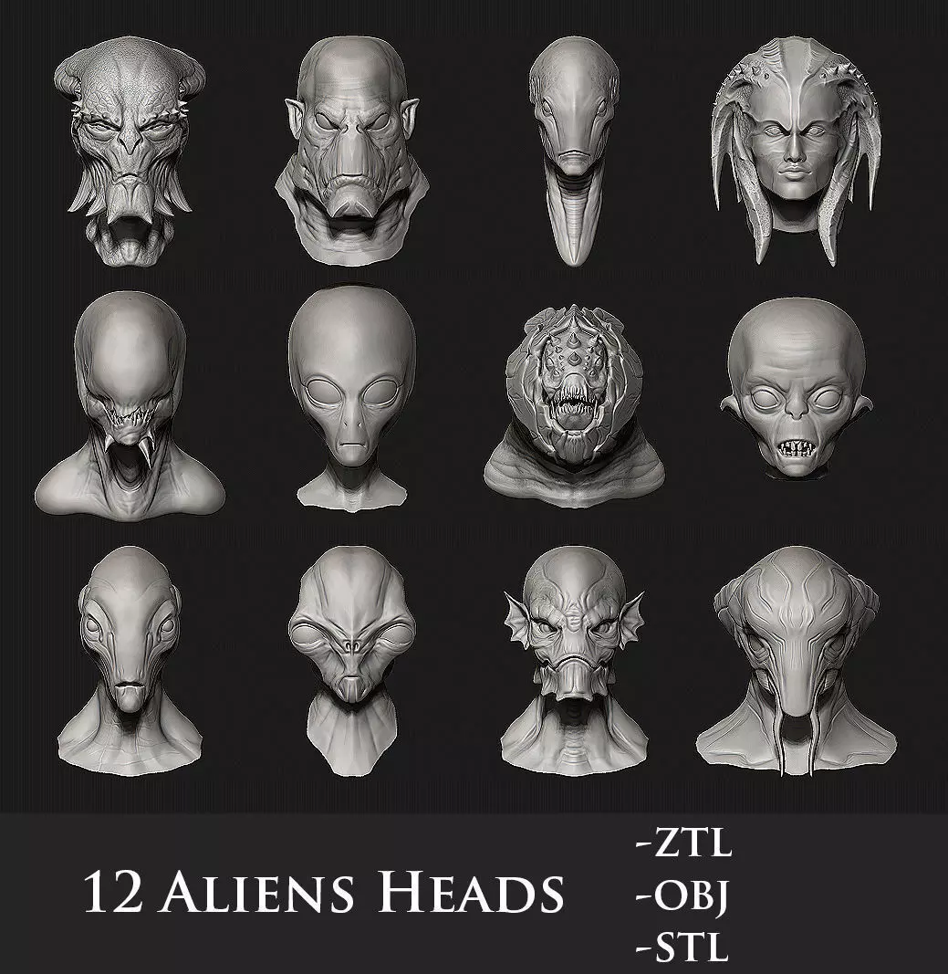 12 Aliens Heads 3D model_0