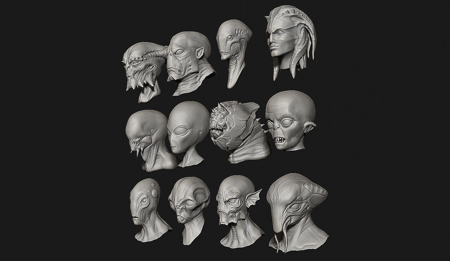 12 Aliens Heads 3D model_3