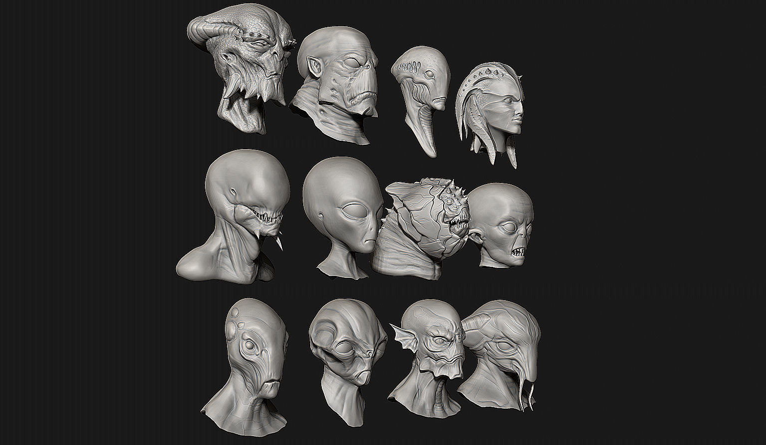12 Aliens Heads 3D model_2