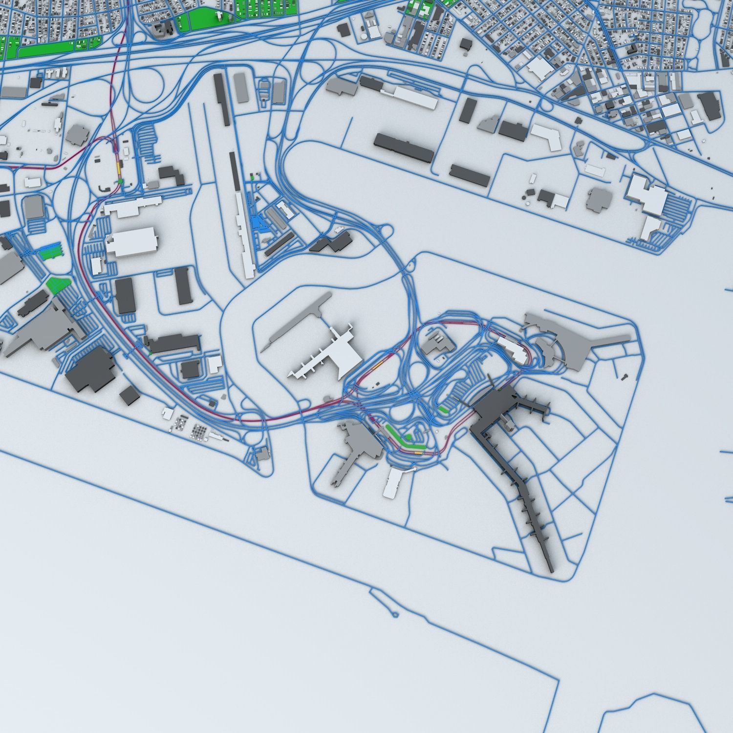 New York JFK Airport Roads Buildings and Public Transport Lines 3D model_11