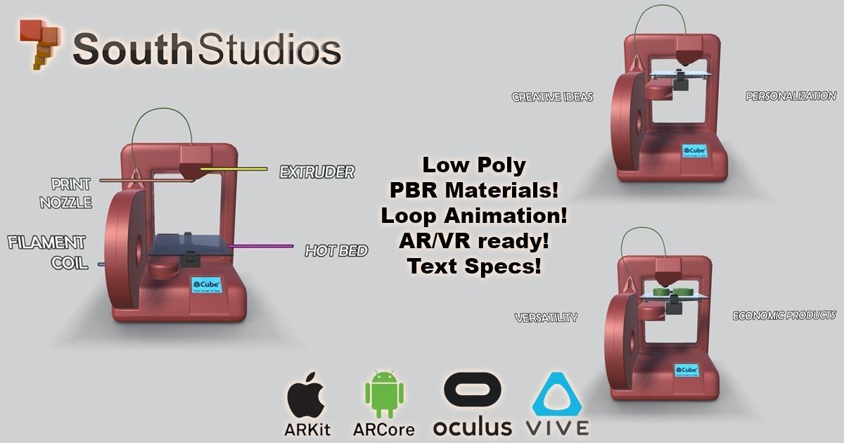 Animated 3D Printer AR VR Unity 3dsmax Low-poly 3D model_2