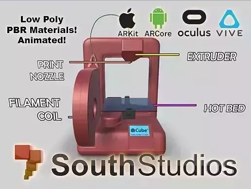 Animated 3D Printer AR VR Unity 3dsmax Low-poly 3D model