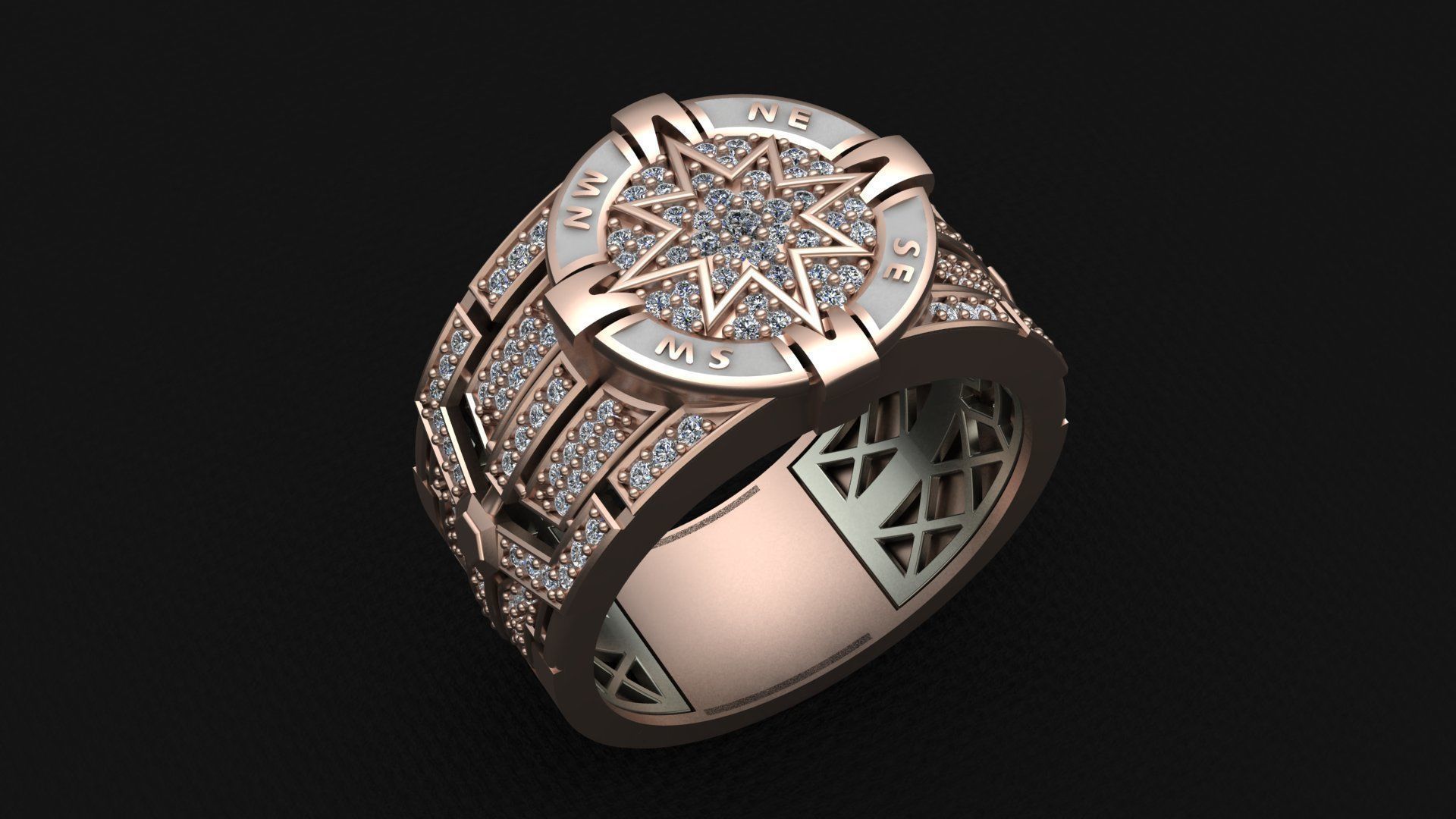 Compass Star Enamel Diamond Onyx Gold Ring 3D print model_6