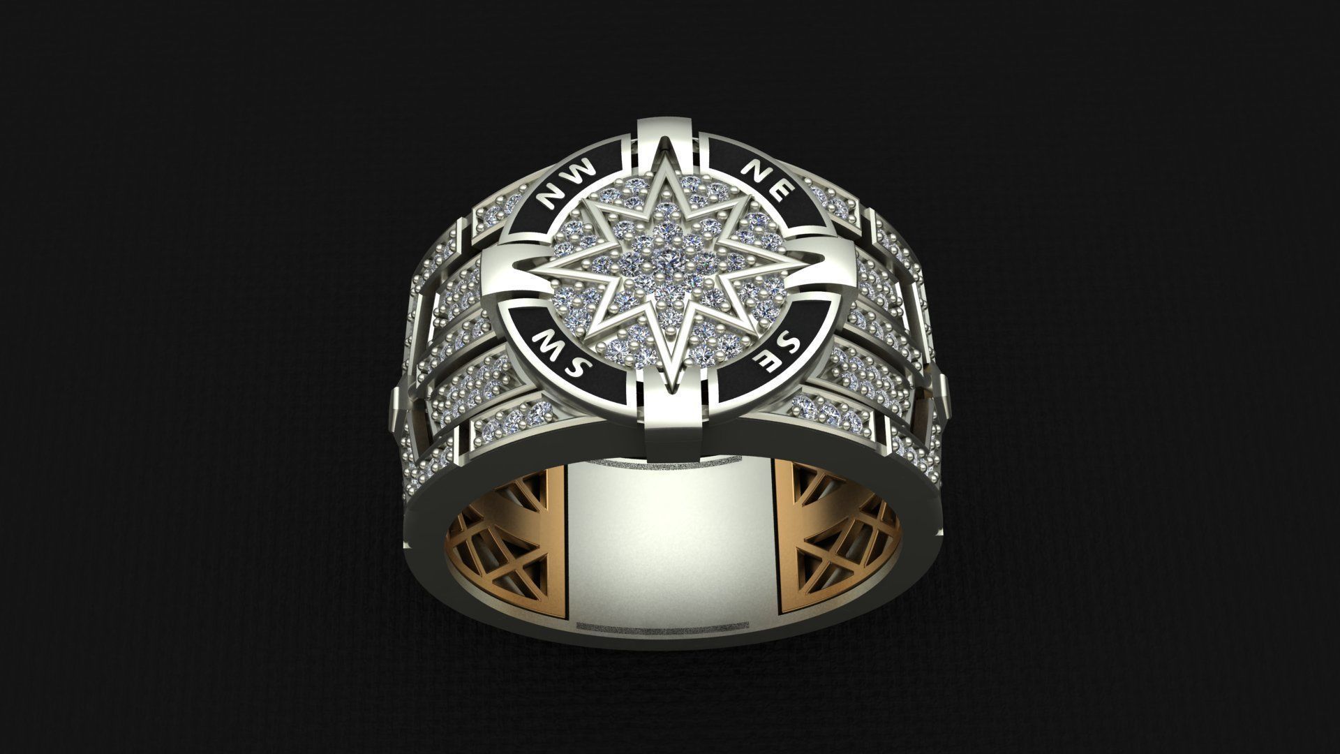 Compass Star Enamel Diamond Onyx Gold Ring 3D print model_5