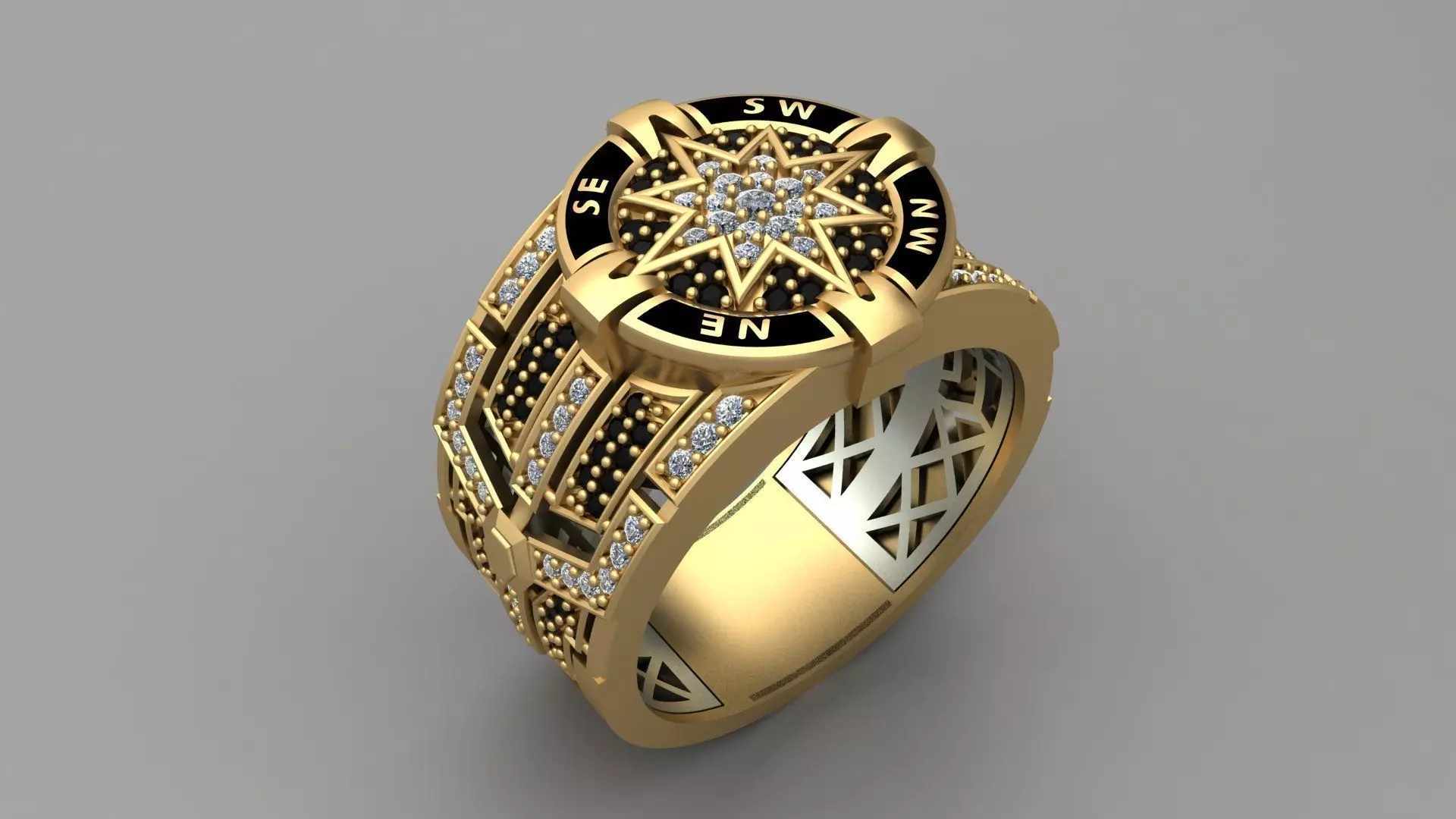 Compass Star Enamel Diamond Onyx Gold Ring 3D print model_0