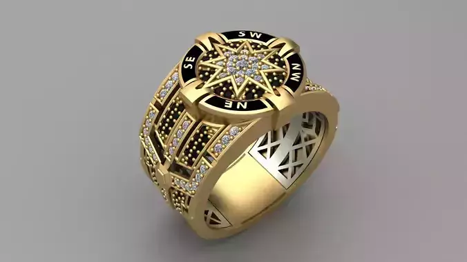 Compass Star Enamel Diamond Onyx Gold Ring 3D print model