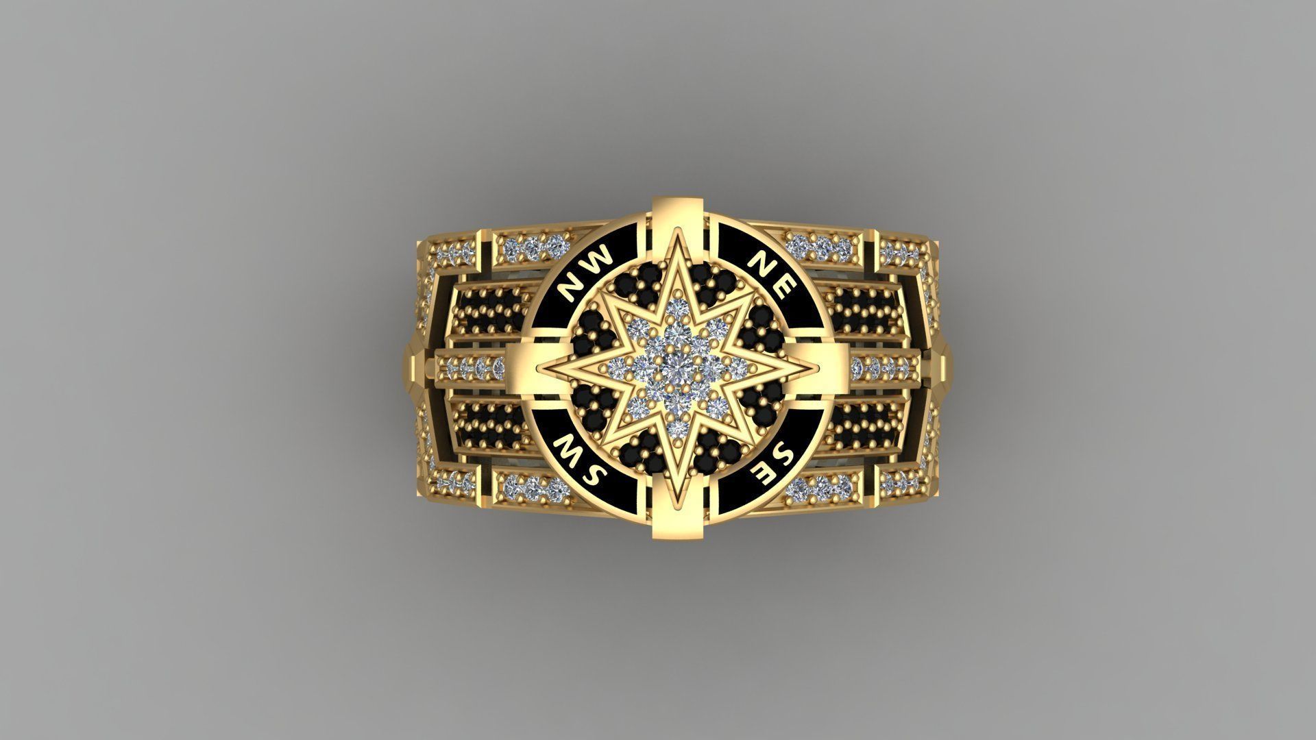 Compass Star Enamel Diamond Onyx Gold Ring 3D print model_4