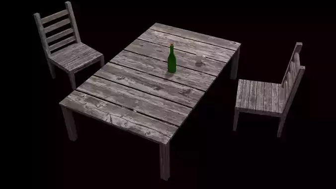 Wooden Chair and Table plus simple  Wine Bottle and Cup