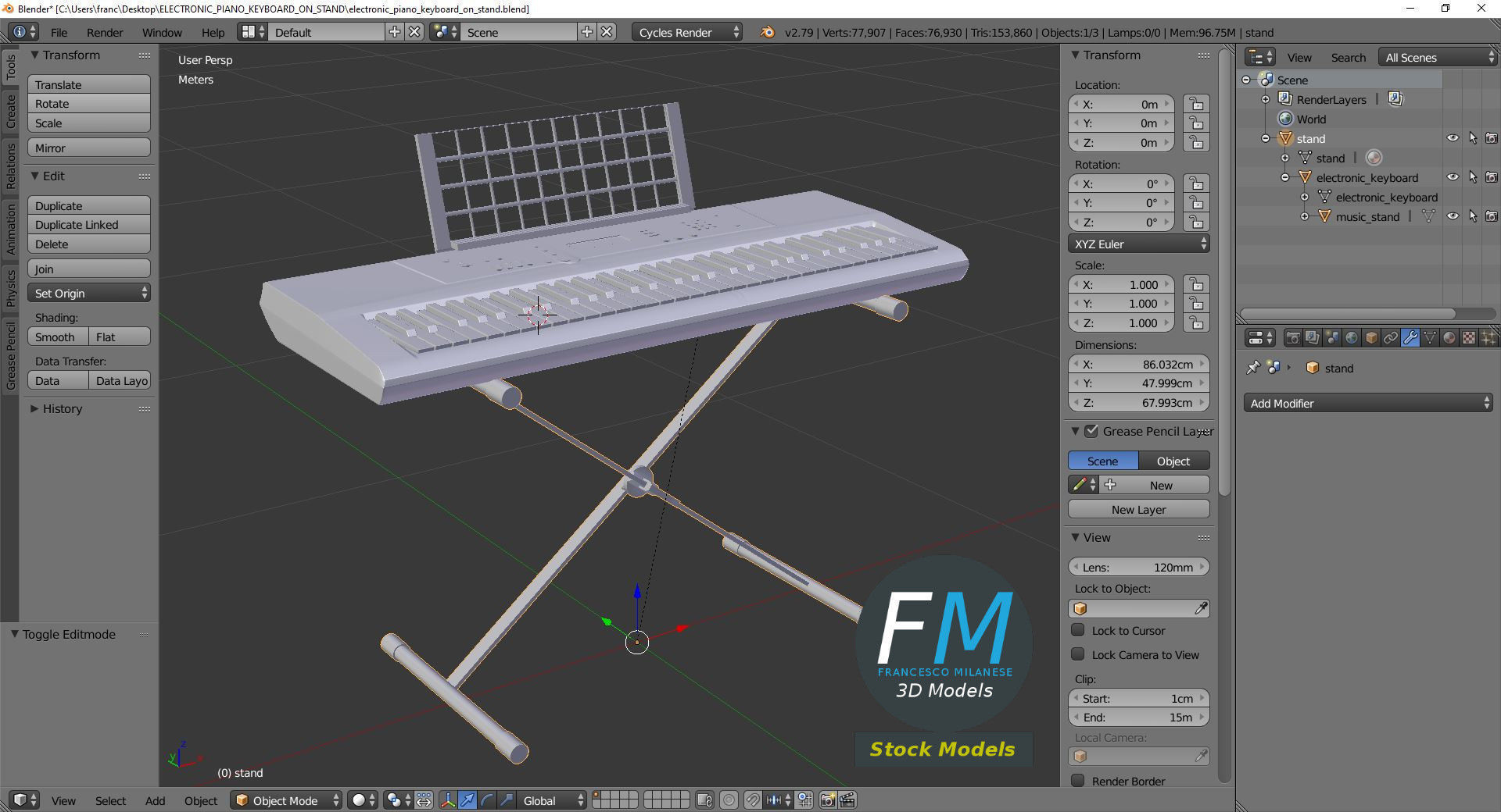 Electronic piano keyboard on stand 3D model_9