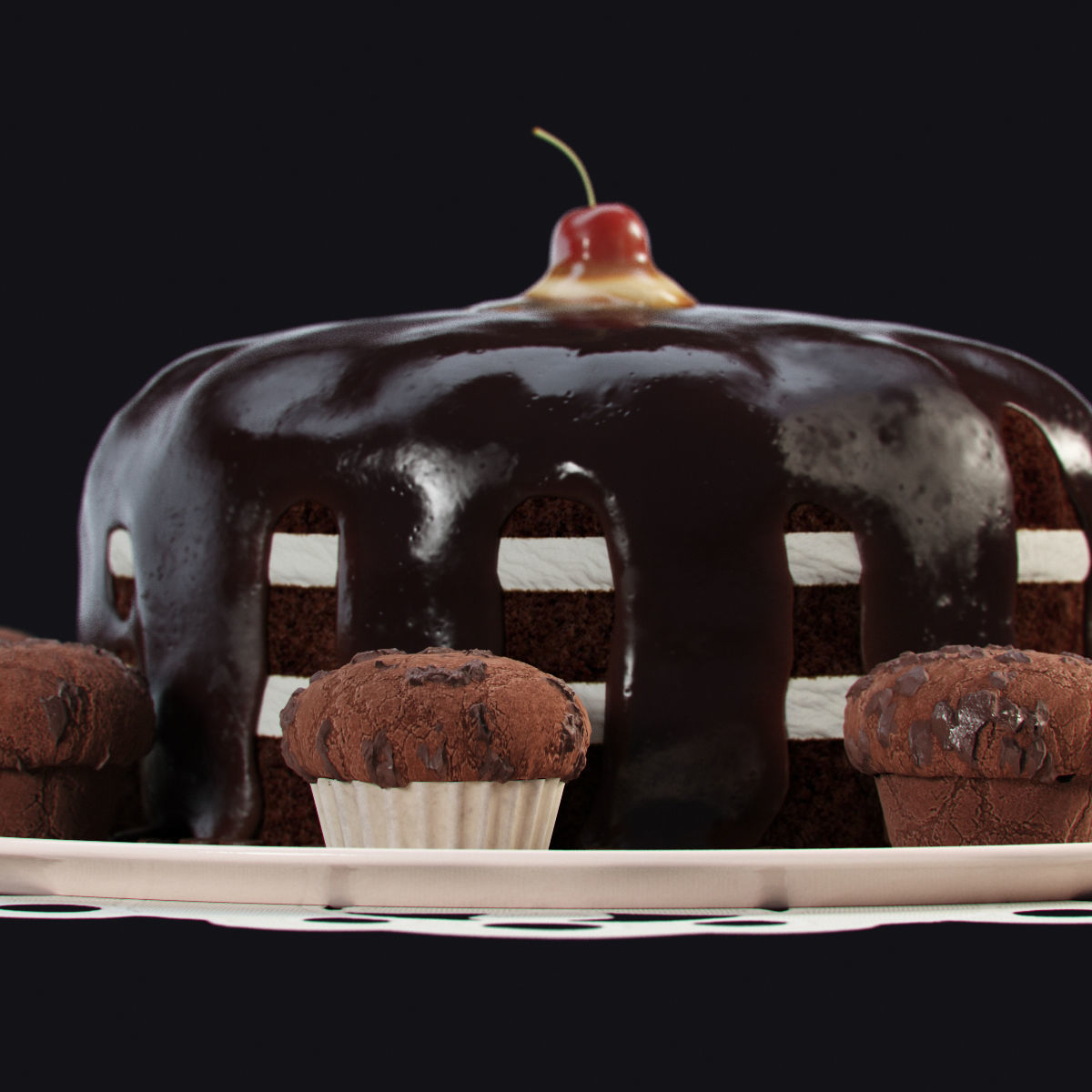 Chocolate Cake and Muffins 3D model_1