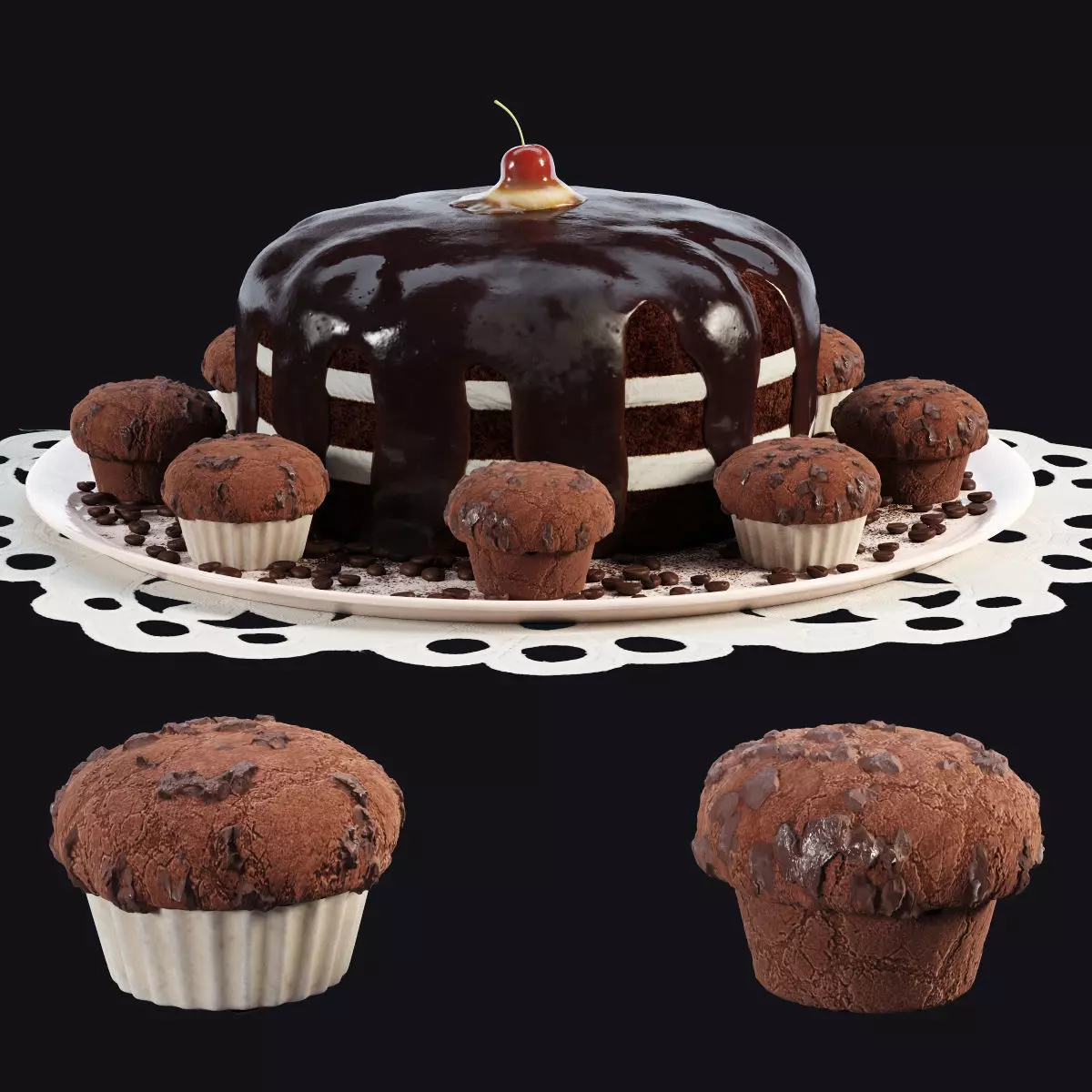 Chocolate Cake and Muffins 3D model_0