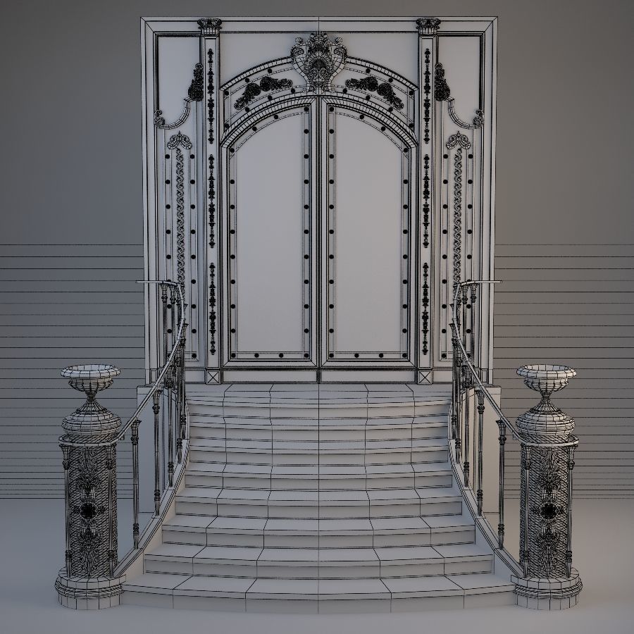 Entrance ornate staircase with wrought iron railings 3D model_9