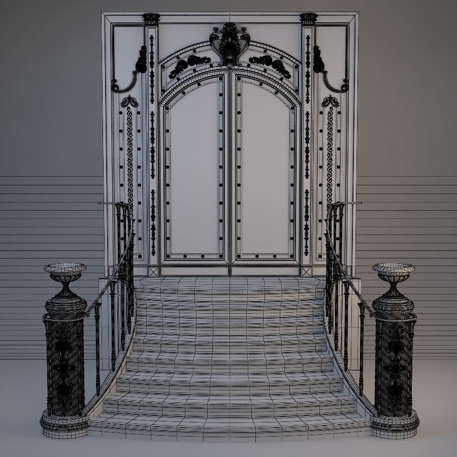 Entrance ornate staircase with wrought iron railings 3D model_11
