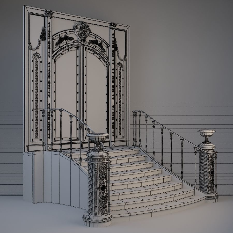 Entrance ornate staircase with wrought iron railings 3D model_10