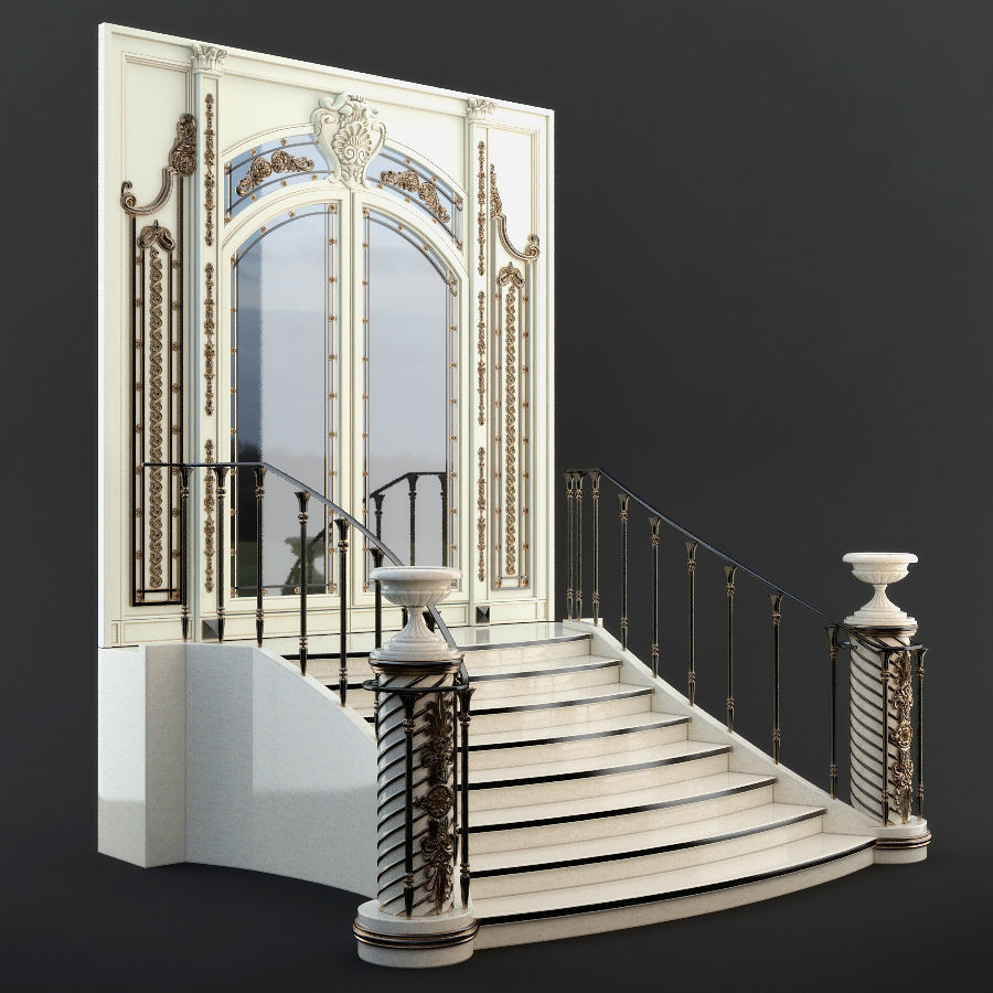 Entrance ornate staircase with wrought iron railings 3D model_1