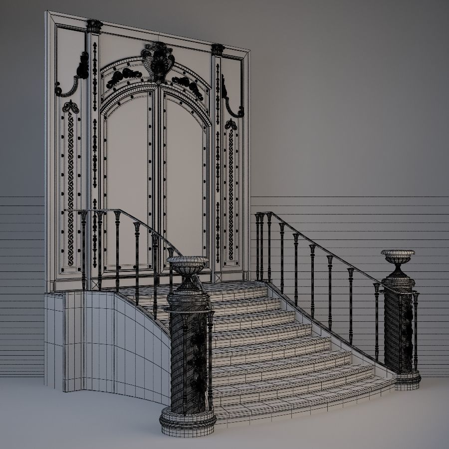 Entrance ornate staircase with wrought iron railings 3D model_14