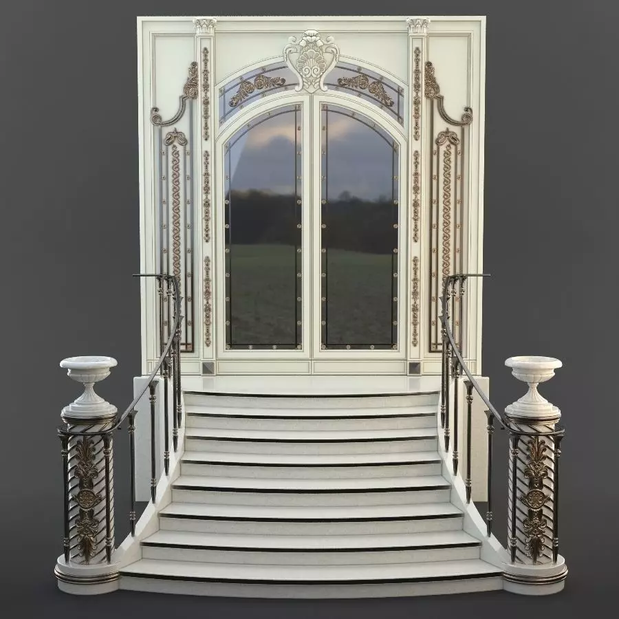 Entrance ornate staircase with wrought iron railings 3D model_0