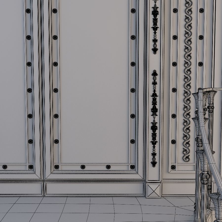 Entrance ornate staircase with wrought iron railings 3D model_3