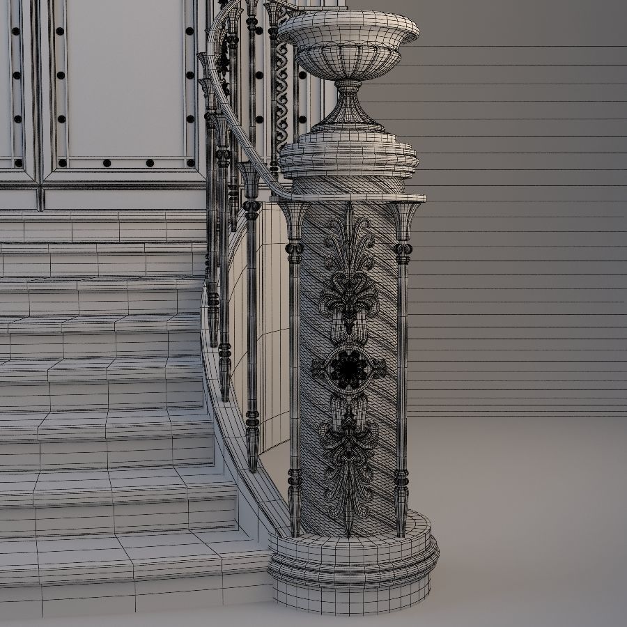 Entrance ornate staircase with wrought iron railings 3D model_8