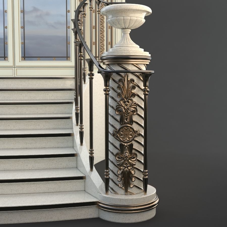 Entrance ornate staircase with wrought iron railings 3D model_12